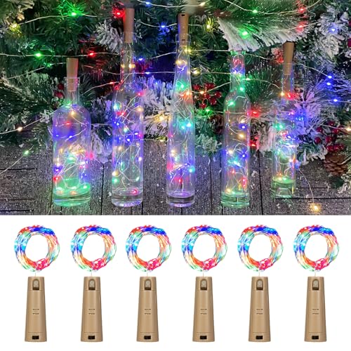 6 Pack Multicolor Bottle Lights - 20 LED, 6.6ft, Dual Battery Pack
