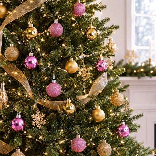 49 Pcs Christmas Ball Ornaments Set - Mini 3cm Shatterproof Decorations Gold Pink