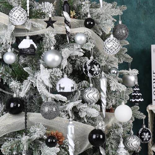 Black, White & Silver Holiday Ornaments Set - 124 Pcs Christmas Tree Decorations - Snowflake, Icicle, Baubles, House & Star Shapes - Variation: Black & White