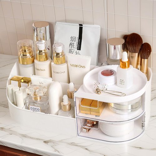 POFUOT skin care organizer,Makeup Desk Organizer With Drawers,Countertop Organizer for Cosmetics,Vanity brush with Holder for Lipstick, Brushes, Eyeshadow, and Desktop Finishing Dresser (D-White)