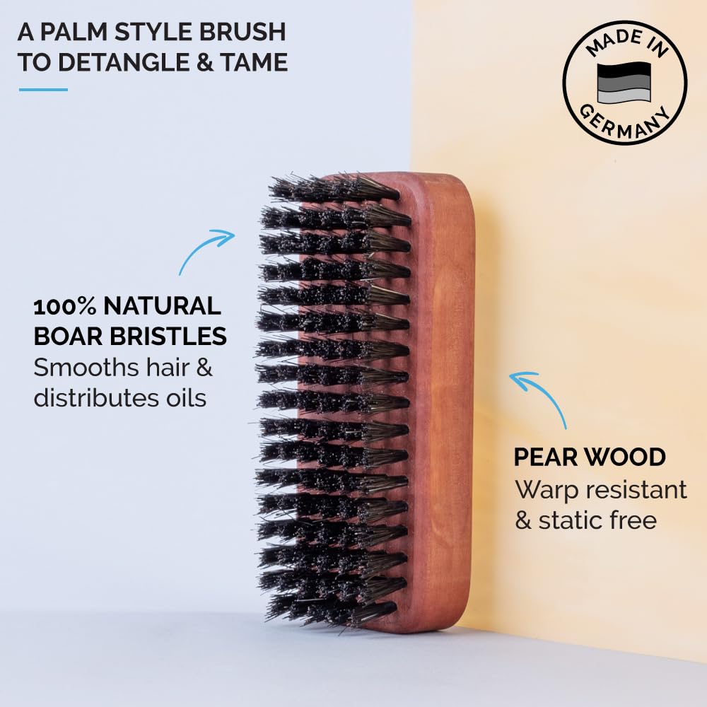 ZEUS Palm Beard Brush for Men, Firm 100% Boar Bristles, Gently Detangles, Smooths & Conditions Facial Hair, German-Made Pear Wood Handle (G91)