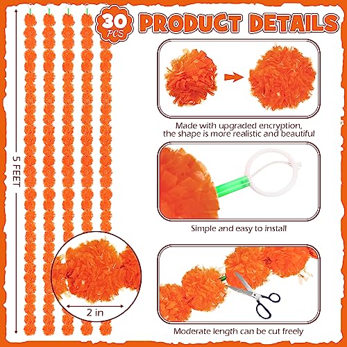 Artificial Marigold Garlands 5 Ft for Day of the Dead Decorations, 30 Pack