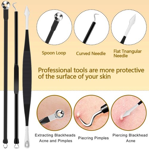 BXUYAOXMC 10Pcs Stainless Steel Pimple Popper Tool Kit, Blackhead Remover Tools Comedone Extractor Set, Acne Needle Tweezers for Facial Nose Care, with Metal Travel Case