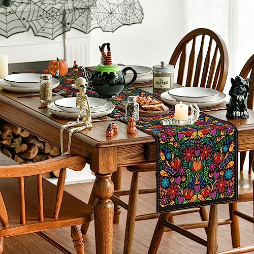 Dia De Los Muertos Floral Fiesta Mexican Table Runner 13x72 Black