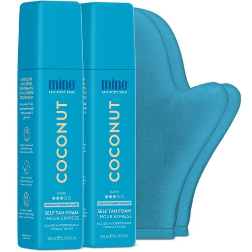 MineTan Coconut Duo Self Tan Bundle - Express 1 Hour | 2 Coconut Tanner Mousses, Mitt & Exfoliating Glove