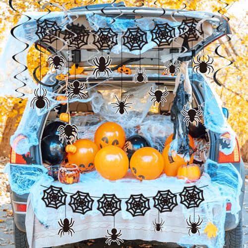 Halloween Spider Web Decorations Set - Black Cobwebs, Spiders & Swirls for Party & Haunted House