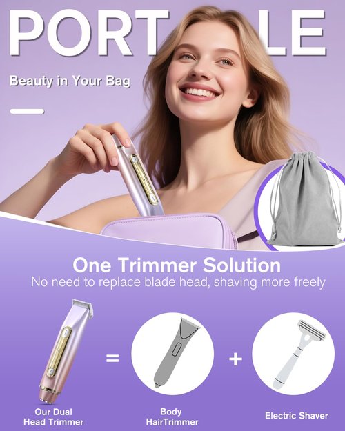Happnear 2 in 1 Electric Bikini Shaver for Women - 2025 Dual Head Bikini Trimmer for Women IPX7 Waterproof Wet & Dry Use Bikini Razor for Travel Rechargeable Electric Razor for Underarm Leg Arm,Purple