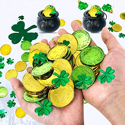 St. Patrick's Day Cauldrons Set with Gold Coins and Shamrock Confetti - Party Decorations