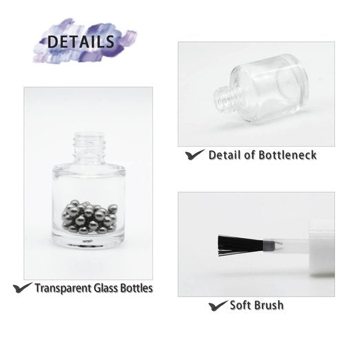 Agidea 6PCS Empty Nail Polish Bottles with Brush White Cap, 10ML Empty Clear Glass Refillable Nail Fingernail Polish Bottles Circle with mixing beads & Funnels, 0.35 OZ