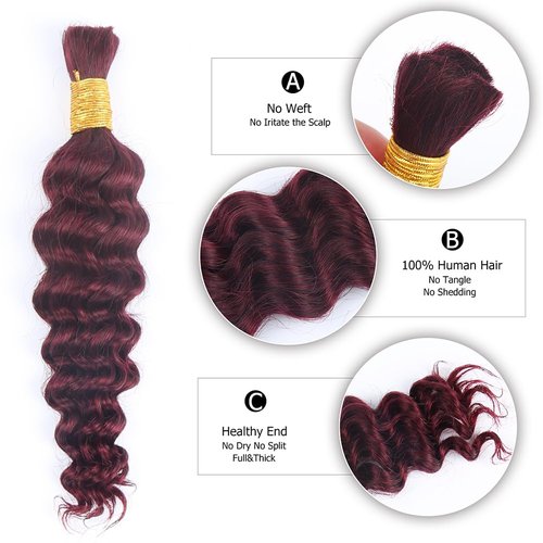 Deep Curly Human Braiding Hair for Boho Braids Burgundy Deep Water Wave Human Hair Braiding Hair No Weft Hair Bundles for Bohemian Knotless Braids 20 22 Inch Bulk Human Hair for Braiding 50g/Bundle