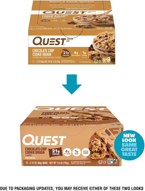 Quest Nutrition Protein Bars - Chocolate Chip Cookie Dough Flavor | High Protein, Low Carb, Gluten Free, 12 Count