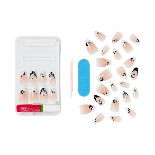 KISS Voguish Fantasy Halloween Press On Nails Almond, ‘Witch Out’, Black and White, Medium Length, Glow In The Dark, Jewel Stones, Pink Gel Nail Glue (2g), 28 Fake Nails