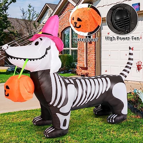 5.5 Ft Inflatable Halloween Skeleton Puppy with LED Lights for Outdoor Yard Decor