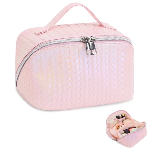 TINYAT Travel Makeup Bag for Women Open Flat Cosmetic Bags Leather Toiletry Bag Waterproof Pouch Travel Essentials Organizer