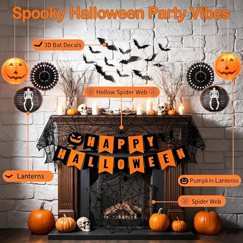 Halloween Indoor Decorations Set - Spooky Banners, Bat Stickers & Lanterns
