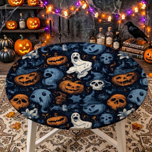 Halloween Round Fitted Tablecloth for 31-36 Inch Tables - Spooky Party Decor