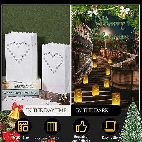 Luminary Bags with Flameless Candles Set - Heart Pattern, 50 Pieces for Outdoor & Indoor Decor