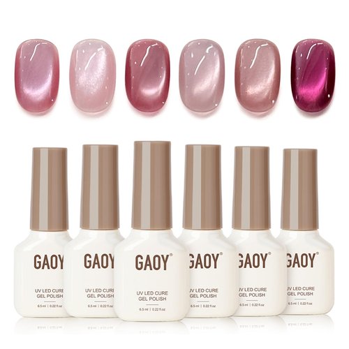 GAOY Pink Cat Eye Gel Nail Polish Set with Magnet 6 Colors, Holography for Valentine's Date Night Nails, Sweet & Spicy DIY Manicure