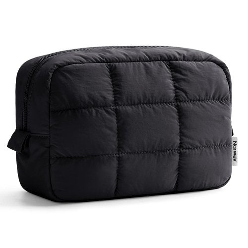 Narwey Quilted Makeup Bag for Women Girl, Puffer Travel Cosmetic Bag Puffy Make Up Bag Organizer, Cute Travel Toiletry Bag for Toiletries (Black)