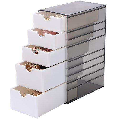 Hair Accessories Organizer with Removable Drawer, Large Capacity Desk Organizer Box with Stackable Cases, Hair Styling Storage Box for Hair Ties, Clips&Pins, 5-Tier Plastic Containers, Clear Black