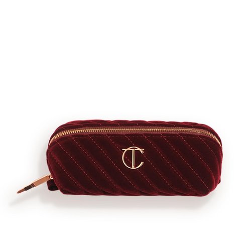 Charlotte Tilbury Travel Makeup Bag - Quilted Velvet Cosmetic Organizer with 5 Compartments & Zip Pocket - Iconic Night Crimson