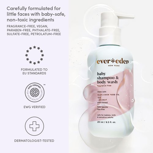 Evereden Baby Shampoo & Body Wash - Gentle 2-in-1 Hydrating Formula | 8.5 fl oz, Non-Toxic & Fragrance-Free for Sensitive Skin