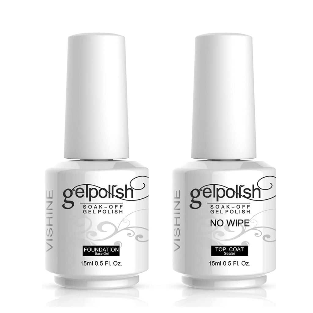 Vishine No Wipe Top Coat & Base Coat - 15ml Long Lasting UV/LED Nail Varnish Set