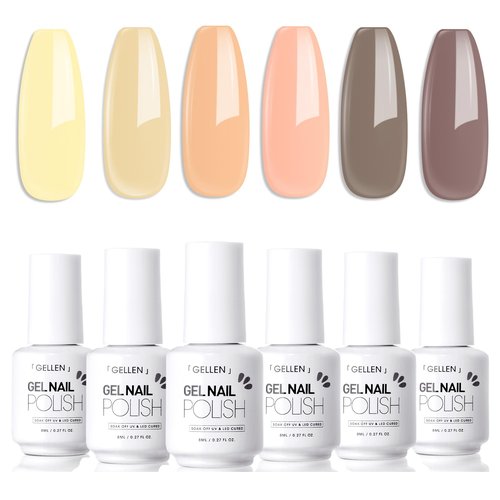 GELLEN Gel Nail Polish Set 0.27 Fl.Oz 6 Colors Cool Tone Gel Polish Brown Nude Pink Yellow Quick Dry Long Lasting Soak Off No Wipe Glossy UV Gel for Nail Manicure Art