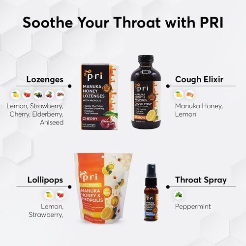 P.R.I Strawberry Manuka Honey Lollipops - Throat Soothing Pops with Propolis & Menthol | 24 Count