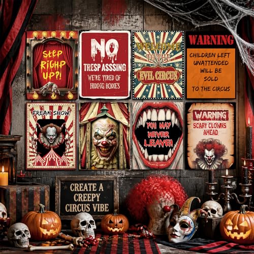 8Pcs Creepy Clown Wall Posters - Haunted Carnival Horror Decorations