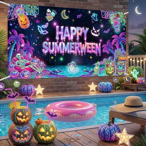 Summerween Halloween Banner - Tropical Pink Pumpkin Wall Decor 70.8x35.4 Inches