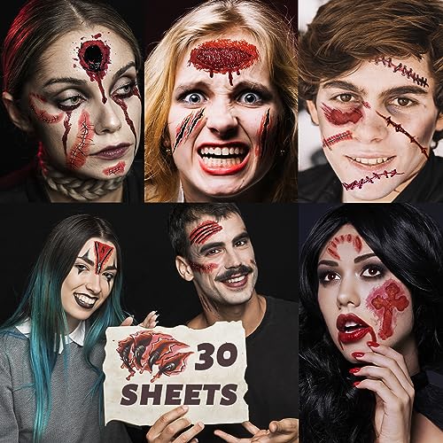 Halloween Fake Scar & Wound Tattoo Set - 30 Sheets Realistic Zombie Makeup