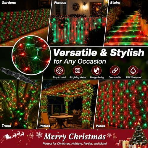 Christmas Net Lights 360 LED Waterproof String Lights - Red & Green, 12ft x 5ft, 8 Modes, Connectable Outdoor Decor