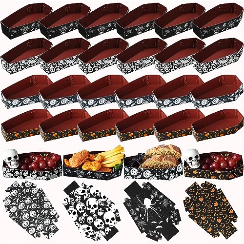 24 Pack Halloween Coffin Snack Trays with Skull Pumpkin Spider Demon Variations