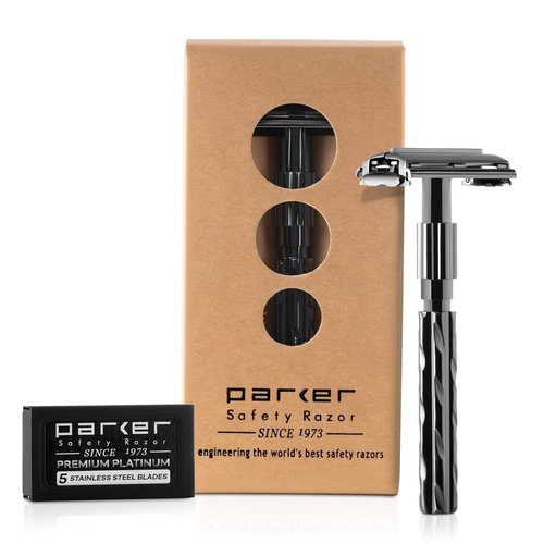 Parker 22R Long Handle Safety Razor - Gunmetal Twist-to-Open Design, Heavyweight Brass Frame | 5 Platinum Blades Included
