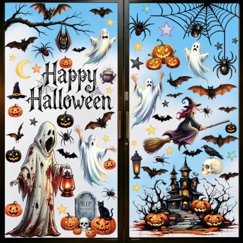 Halloween Window Clings Decor - Ghost, Bat, Pumpkin, Skull, Spiders, 8 Sheets