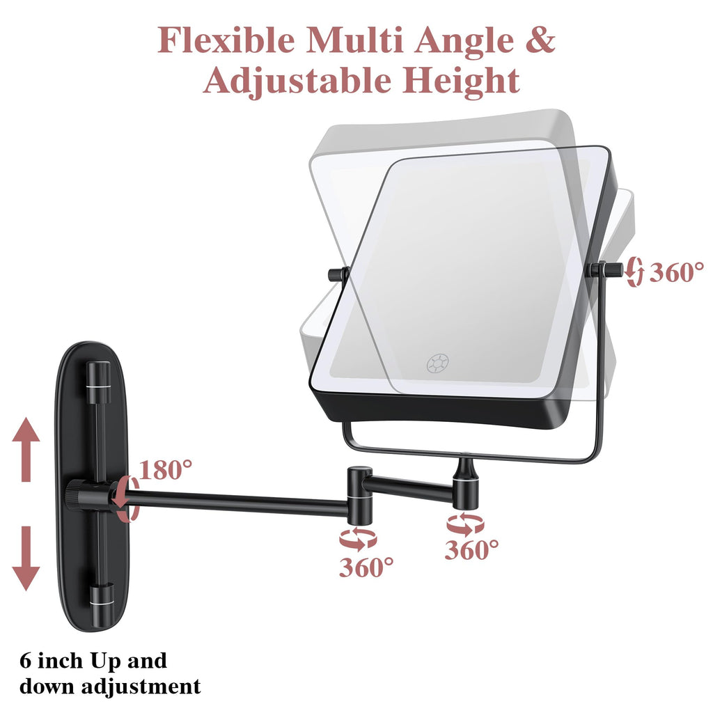 Wall Mounted Lighted Makeup Mirror, Rectangle Double Sided 1X/10X Magnifying Bathroom Height Adjustable Mirror, 6000mAh Rechargeable 3 Color and Dimmable Lights, 360 Rotation Shaving Vanity Mirror
