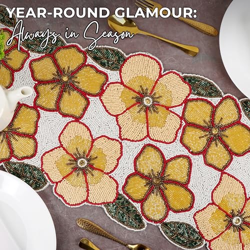 Beaded Table Runner Yellow & Green 36x13 Inches - Handcrafted Decor