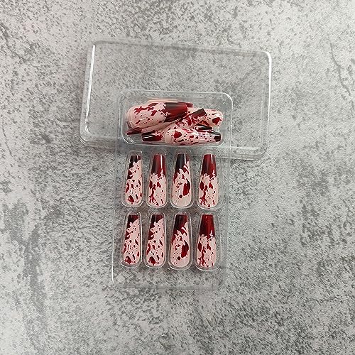 Halloween Gothic Fake Nails Long Coffin Style with Bloody Design - 24Pcs
