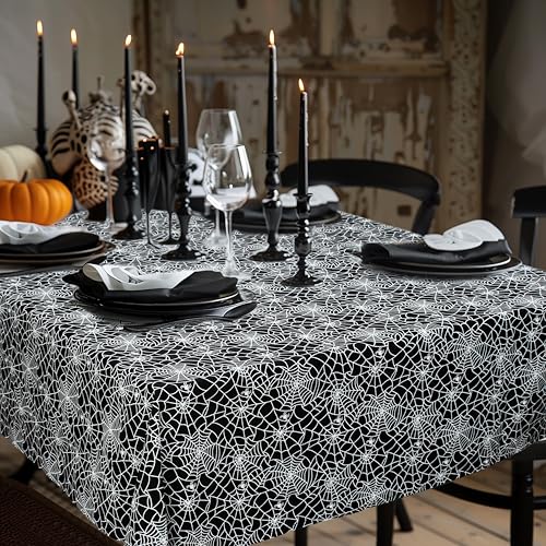 Halloween Spider Web Cotton Tablecloth - Black White 60x84 Inch Rectangular