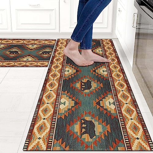 Farmhouse Rustic Bear Kitchen Rugs Set of 2 Non-Slip Washable Floor Mats