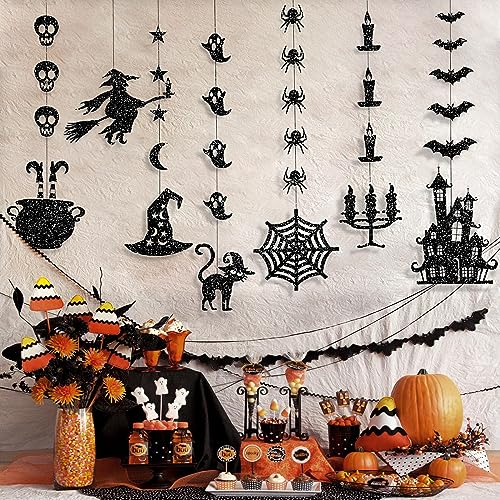 Halloween Black Glitter Banner Garland Decorations for Indoor Outdoor Parties