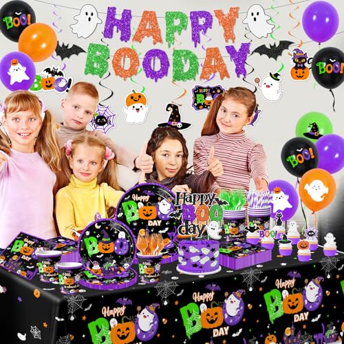 Halloween Party Decorations Set - 193Pcs Ghost Pumpkin Bat Tableware & Balloons