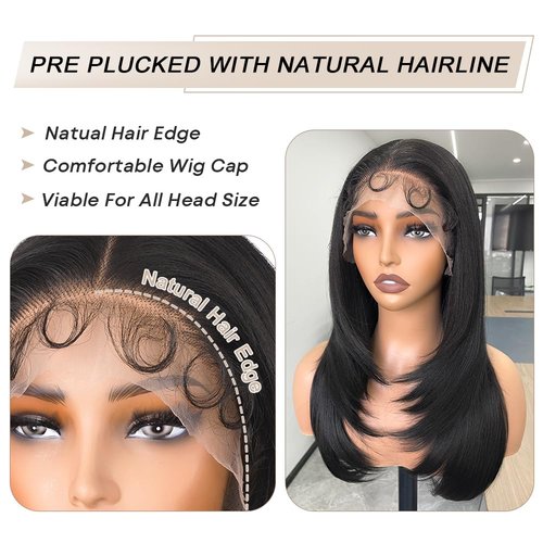 13x6 Lace Front Wigs Straight HD Lace Front Wigs Natural Black Straight Glueless Wigs Synthetic Pre Plucked Layer Frontal Lace Wigs for Women (Natural Black, 22inch)