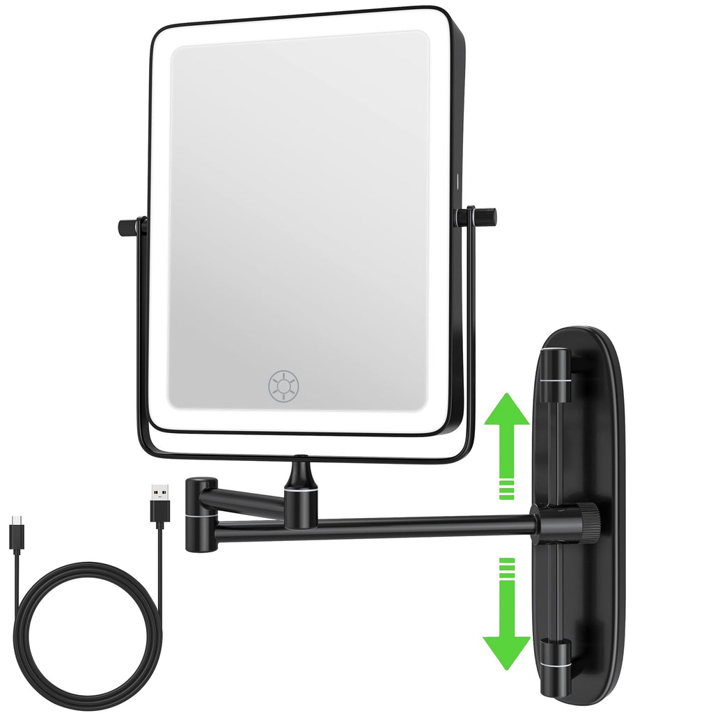 Wall Mounted Lighted Makeup Mirror, Rectangle Double Sided 1X/10X Magnifying Bathroom Height Adjustable Mirror, 6000mAh Rechargeable 3 Color and Dimmable Lights, 360 Rotation Shaving Vanity Mirror