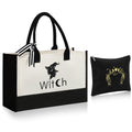 Abbylike 2 Pcs Halloween Canvas Tote Bag for Women Moon Witch Zipper Pouch Bag Goth Makeup Bag Witch Witchy Stuff Embroidery Shopping Handbag Gift for Coven Beginners Tarot Card