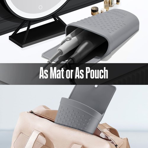 CROWATTS 2 Pack Heat Resistant Silicone Hair Iron Mat and Pouch,Portable Travel Hair Straightener Mat and Holder for Hair Styling Tools.(Gray)