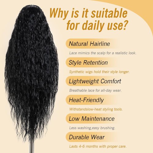 Joedir Hair Super Long Wigs for Women 36 inch Lace Front Wig 5 Inch Middle Parting Synthetic Hair Bohemian Waves (RC1B)