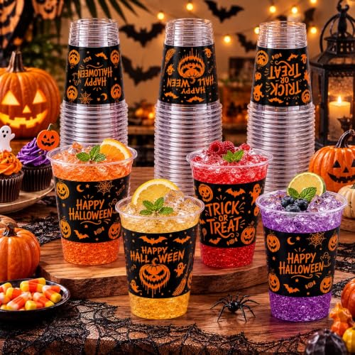 Halloween Plastic Cups Set 14 oz - Orange & Black 72 Pack for Parties