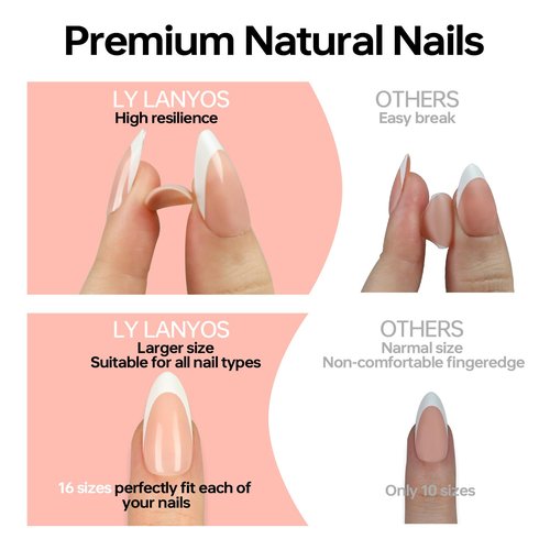 LY LANYOS Press On Nails Almond, Glossy Fake Nails, Supremely Fit Glue on Nails, Reusable Stick on nails with Nail Glue in 16 Sizes, 32 Pcs, a-Pink French